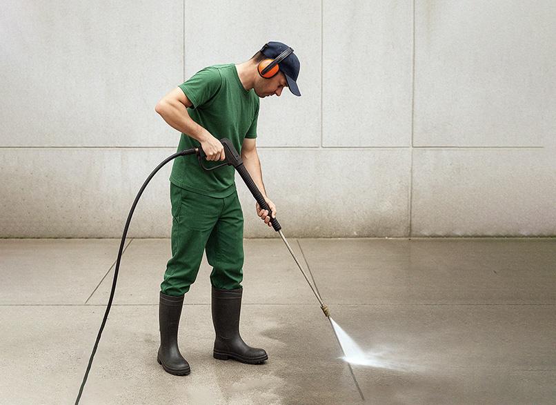 Técnico da Desentupidora Curitiba operando equipamento de hidrojateamento de alta pressão em tubulação comercial